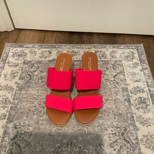 Andre Assous Two-Band Slide Sandals in Hot Pink and Tan